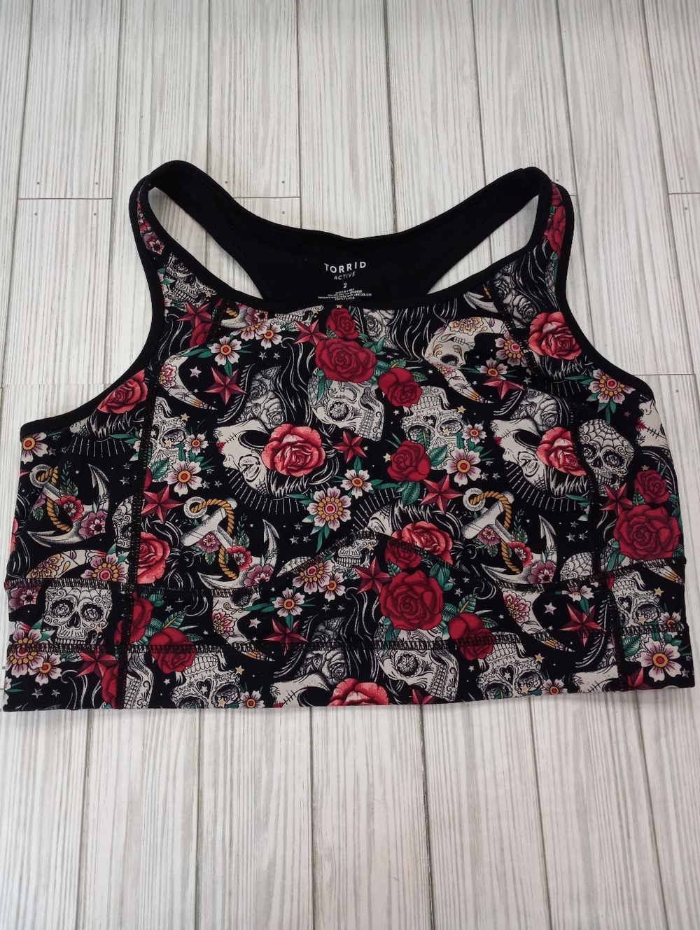 Torrid Floral Sugar Skull Tatoo Print Sports Bra with Red Roses Plus Size 2X